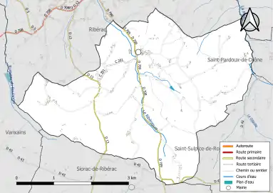 Carte en couleur présentant le réseau hydrographique de la commune