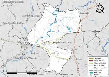 Carte en couleur présentant le réseau hydrographique de la commune