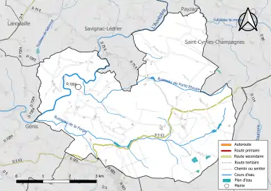 Carte en couleur présentant le réseau hydrographique de la commune