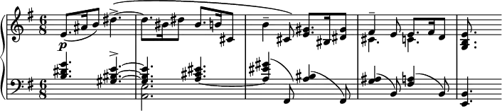 
\version "2.18.2"
\header {
  tagline = ##f
}
upper = \relative c' {
  \clef treble 
  \key g \major
  \time 6/8
  \tempo 4. = 76 % nonobstant le 94 de la partition, c'est beaucoup trop peu pratiqué par les interprètes...
  \tempo "Allegretto"
  %\autoBeamOff
 \set Staff.midiInstrument = #"acoustic grand"
  e8.(\p ais16 b8) dis4.->~\( dis8. bis16 dis8  bis8. b16 cis,8 b'4-- cis,8\) < e gis >8.\( bis16 < dis gis >8
  << { fis4-- e8\) e8. fis16 d8 } \\ { cis4. c4. } >>
  < g b e >8.
}
lower = \relative c' {
  \clef bass
  \key g \major
  \time 6/8
\set Staff.midiInstrument = #"acoustic grand"
   << { < b dis g >4. < gis bis e  >~-> q < a_~ cis eis >4. < a eis' gis >4( fis,8) < a' bis >4( fis,8) < g' ais >4( b,8) < fis' a >4( b,8) } \\ { s2. < a e' >2. } >>
   < e b' >4.
} 
\score {
  \new PianoStaff <<
    \set PianoStaff.instrumentName = #""
    \new Staff = "upper" \upper
    \new Staff = "lower" \lower
  >>
  \layout {
    \context {
      \Score
      \remove "Metronome_mark_engraver"
    }
  }
  \midi { }
}
