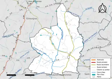 Carte en couleur présentant le réseau hydrographique de la commune