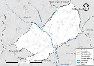 Carte en couleur présentant le réseau hydrographique de la commune