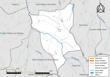 Carte en couleur présentant le réseau hydrographique de la commune