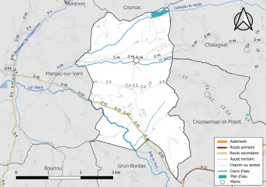 Carte en couleur présentant le réseau hydrographique de la commune