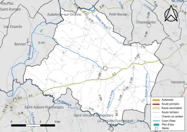 Carte en couleur présentant le réseau hydrographique de la commune