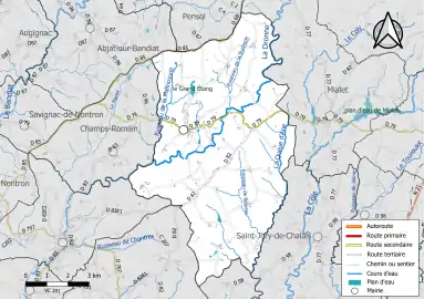 Carte en couleur présentant le réseau hydrographique de la commune