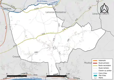 Carte en couleur présentant le réseau hydrographique de la commune