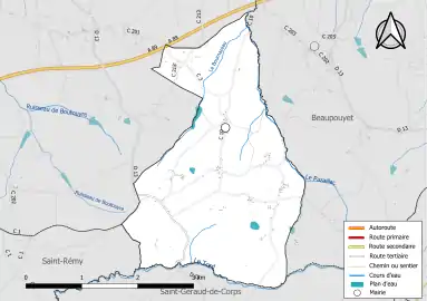 Carte en couleur présentant le réseau hydrographique de la commune