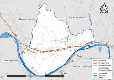 Carte en couleur présentant le réseau hydrographique de la commune