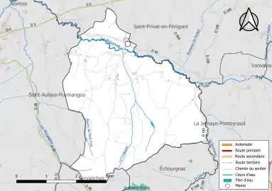 Carte en couleur présentant le réseau hydrographique de la commune