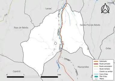 Carte en couleur présentant le réseau hydrographique de la commune