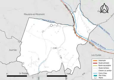 Carte en couleur présentant le réseau hydrographique de la commune