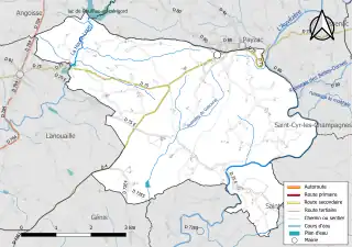 Carte en couleur présentant le réseau hydrographique de la commune