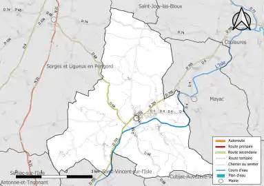 Carte en couleur présentant le réseau hydrographique de la commune