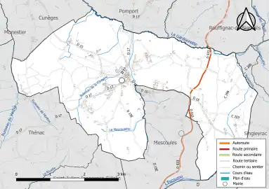 Carte en couleur présentant le réseau hydrographique de la commune