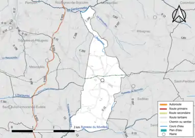 Carte en couleur présentant le réseau hydrographique de la commune