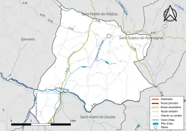 Carte en couleur présentant le réseau hydrographique de la commune