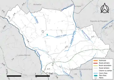 Carte en couleur présentant le réseau hydrographique de la commune