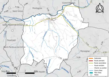 Carte en couleur présentant le réseau hydrographique de la commune