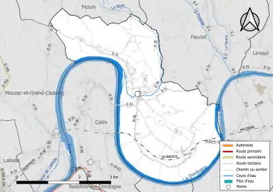 Carte en couleur présentant le réseau hydrographique de la commune