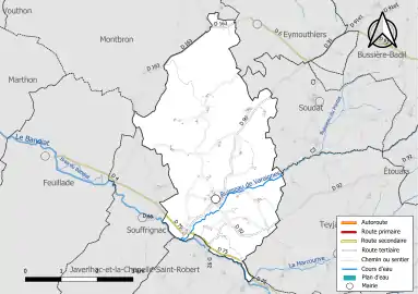 Carte en couleur présentant le réseau hydrographique de la commune