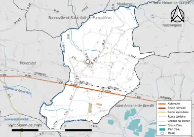 Carte en couleur présentant le réseau hydrographique de la commune