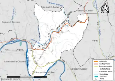 Carte en couleur présentant le réseau hydrographique de la commune