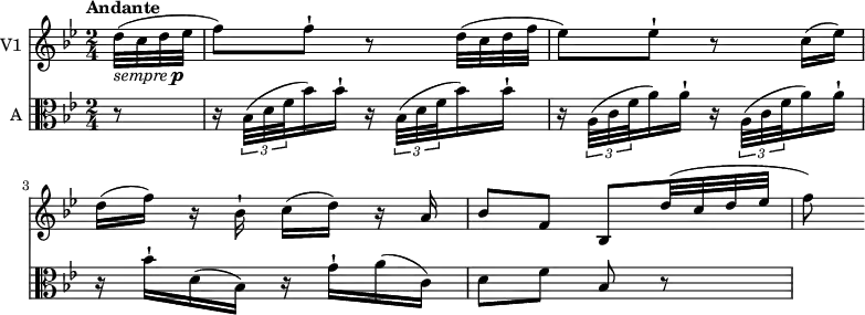 
<< \new Staff \with { instrumentName = #"V1 "}  
   \relative c' {
  \version "2.18.2"
  \tempo  "Andante"
  \time 2/4
  \key bes \major
  \tempo 4 = 70
  \partial 8 d'32_\markup { \italic sempre \dynamic p } ( c d ees f8) f-! r
  d32 ( c d f ees8) ees-! r c16 (ees )
  d (f) r bes,-! c (d) r a
  bes8 f bes, d'32 ( c d ees f8)
}
\new Staff \with { instrumentName = #"A "} \relative c' {
    \key bes \major 
    \clef "alto"
     \partial 8 r8 \repeat unfold 2 { r16  \tuplet 3/2 {bes32 (d f} bes16) bes-!}
     \repeat unfold 2 { r16  \tuplet 3/2 {a,32 (c f} a16) a-!}
     r16 bes-! d, (bes) r g'-! a (c,)
     d8 f bes, r
 }
>>
