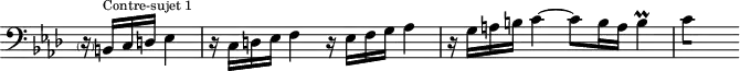 
\version "2.18.2"
\header {
  tagline = ##f
}
\score {
  \new Staff \with {
    \remove "Time_signature_engraver"
  }
<<
  \relative c {
    \clef bass
    \key f \minor
    \time 4/4
     %% CONTRE-SUJET fugue CBT I-12, BWV 857, fa mineur
     \partial 2 \parenthesize r16 b16^\markup{\tiny "Contre-sujet 1"} c d ees4 r16 c16 d ees f4 r16   ees16 f g aes4 r16 g16 a b c4~ c8 b16 a b4\prall 
{ 
 % suppression des warnings :
 #(ly:set-option 'warning-as-error #f)
 #(ly:expect-warning (_ "stem does not fit in beam")) %% <= à traduire éventuellement
 #(ly:expect-warning (_ "beam was started here")) %% <= à traduire éventuellement
  \set stemRightBeamCount = #1
  c4*1/2[ s]
}
  }
>>
  \layout {
     \context { \Score \remove "Metronome_mark_engraver" 
     %\override SpacingSpanner.common-shortest-duration = #(ly:make-moment 1/2) 
}
  }
  \midi {} 
}
