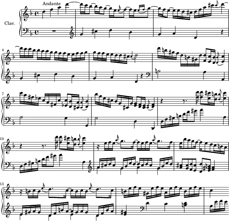 
\version "2.18.2"
\header {
  tagline = ##f
}
%% les petites notes
trillFis = { \tag #'print { fis8.\trill } \tag #'midi { gis32 fis gis fis } }
graceGq = { \tag #'print { \grace { e16( f } g8~)] } \tag #'midi { \times 2/3 { e32 f g~ } g16 } }
appoD = { \tag #'print { \appoggiatura cis8 d4~ } \tag #'midi { cis8 d8~ } }
appoFq = { \tag #'print { \appoggiatura e16 f8~ } \tag #'midi { e16 f16~ } }
appoDd = { \tag #'print { \appoggiatura cis4 d2 } \tag #'midi { cis4 \tempo 4 = 45 d4 \tempo 4 = 56 } }
appoEC = { \tag #'print { \appoggiatura < d b' >8 < e c' >4 } \tag #'midi { < d b' >8 < e c' >8 } }
appoDBes = { \tag #'print { \appoggiatura < cis a' >8 < d bes' >4 } \tag #'midi { < cis a' >8 < d bes' >8 } }
appoDF = { \tag #'print { \appoggiatura < cis e >8 < d f >4 } \tag #'midi { < cis e >8 < d f >8 } }
appoCE = { \tag #'print { \appoggiatura < d b' >8 < e cis' >4 } \tag #'midi { < d b' >8 < e cis' >8 } }
upper = \relative c'' {
  \clef treble 
  \key d \minor
  \time 4/4
  \tempo 4 = 56
  \set Staff.midiInstrument = #"harpsichord"
     s8*0^\markup{Andante}
     d4 f a d~ | d16 c bes8~ bes16 a g8~ g16 e \appoFq f16[ e \graceGq | g16 f e8~ e16 e d cis  d f a cis \appoD 
     % ms. 4
     d16 c c bes  bes a a g  g f f e  e f f g | g f f e  e d d cis \appoDd |
     % ms. 6
     d'16 b gis f  d b gis d' < f, d' >8 < e c' >16 < d b' > \appoEC | c''16 a fis ees c a fis c' < ees, c' >8 < d bes' >16 < cis a' > \appoDBes |
     % ms. 8
     bes''16 g e cis bes g cis, g' < e g >8 < d f >16 < cis e > \appoDF | \repeat unfold 2 { r4 r8. < f' d' >16 q8 < e cis' >16 < d b' > \appoCE } |
     % ms. 11
     r16 e16 f e \appoggiatura a16 g8. f16~ f e f e \appoggiatura a16 g8. f16 |
     % ms. 12
     e16 bes'8 a g f16~ f e8 d c16 b a | r16 b16 c b \appoggiatura e16 d8. c16~ c b c b \appoggiatura e16 d8. c16 | 
     % ms. 14
     b16 e f e  gis, e' f e  a, e' f e  b e f e  | c4
}
lower = \relative c' {
  \clef bass
  \key d \minor
  \time 4/4
  \set Staff.midiInstrument = #"harpsichord"
    % **************************************
     R1 |   \clef treble \repeat unfold 2 { g'4 cis d bes | g a d, r4 } |
     % ms. 6
       \clef bass b2 a4   \tempo 4 = 40 a, |   \tempo 4 = 56 a'2 g4   \tempo 4 = 40 g, |   \tempo 4 = 56
      g'2 d4   \tempo 4 = 40 d,   \tempo 4 = 56 | \repeat unfold 2 {   \tempo 4 = 56 d'16 f gis b d f gis8 a4 a, } |
     % ms. 11
      \clef treble << { a'16 cis d cis g bes e d~ d cis d cis g bes e d } \\ { a4 g a   \tempo 4 = 40 g } >> |   \tempo 4 = 56
     % ms. 12
     < a cis >8 < g cis > < f d' > < e cis' > < d d' > < e gis b > < f a >4 | << { e16 gis a gis d f b a~ a gis a gis d f b a } \\ { e4 d e d } >>
     % ms. 14
     < e gis >4   \clef bass d4 c < b d > | a16 e' f e  
}
thePianoStaff = \new PianoStaff <<
    \set PianoStaff.instrumentName = #"Clav."
    \new Staff = "upper" \upper
    \new Staff = "lower" \lower
  >>
\score {
  \keepWithTag #'print \thePianoStaff
  \layout {
      #(layout-set-staff-size 17)
    \context {
      \Score
     \override SpacingSpanner.common-shortest-duration = #(ly:make-moment 1/2)
      \remove "Metronome_mark_engraver"
    }
  }
}
\score {
  \keepWithTag #'midi \thePianoStaff
  \midi { }
}
