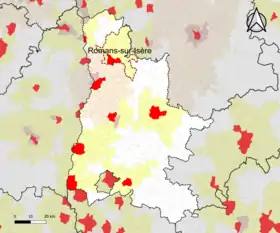 Localisation de l'aire d'attraction de Romans-sur-Isère dans le département de la Drôme.