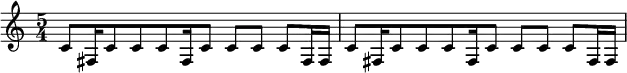 {\time 5/4 c'8 fis16 c'8 c'8 c'8 fis16 c'8 c'8 c'8 c'8 fis16 fis16 c'8 fis16 c'8 c'8 c'8 fis16 c'8 c'8 c'8 c'8 fis16 fis16}