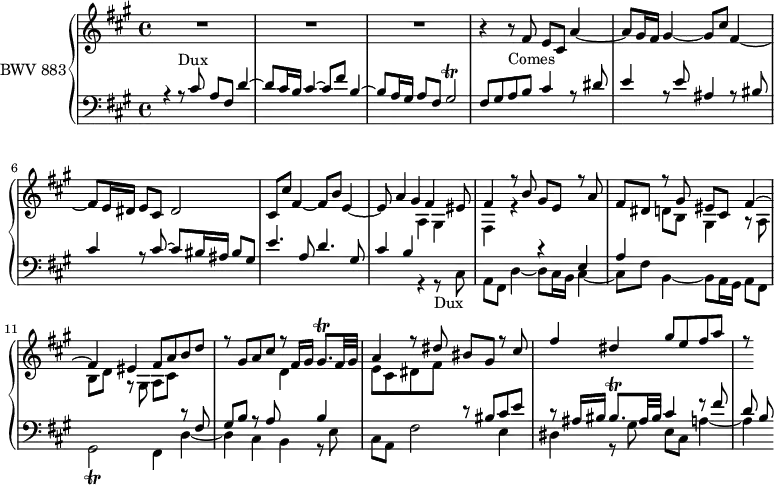 
\version "2.18.2"
\header {
  tagline = ##f
}
Trillg   = { \tag #'print { gis2\trill }
           %% Rendu midi : on joue des petites notes
           \tag #'midi { gis16 a gis32 a gis a gis a gis16~ gis16 fis32 gis } }
Trillgis = { \tag #'print { gis8.\trill } \tag #'midi { a32 gis a16~ a } }
Trillbis = { \tag #'print { bis8.\trill } \tag #'midi { cis32 bis cis16~ cis } }
Dux   = { r4 r8-\markup{Dux}  cis8 a fis d'4~ d8 cis16 b cis4~ cis8 fis b,4~  b8 a16 gis a8 fis \Trillg }
Comes = { r4 r8-\markup{Comes} fis8 e cis a'4~ a8 gis16 fis gis4~ gis8 cis fis,4~ fis8 e16 dis e8 \tag #'print cis \tag #'midi r dis2 }
upper = \relative c' {
  \clef treble 
  \key fis \minor
  \time 4/4
  \tempo 4 = 84
  \set Staff.midiInstrument = #"harpsichord" 
   %% FUGUE CBT II-14, BWV 883, fa-dièse mineur
   R1*3 \Comes 
   << { cis8 cis' fis,4_~ fis8 b e,4_~ e8 a4 gis fis eis8 fis4 r8  b8 gis e r8 a | fis dis r8 gis eis cis fis4~ | fis eis fis8 a b d r8 gis, a cis r8 fis,16 gis \Trillgis fis32 gis a4 r8 dis bis gis r8 cis | fis4 dis gis8 e fis a r8 } \\ { s4*6 \relative c' { a4 gis | fis r4 s4*3 d'8 b gis4 r8 a8 b d r8 gis, a cis s4*3 d4 s4 | e8 cis dis fis } } >>
}
lower = \relative c' {
  \clef bass 
  \key fis \minor
  \time 4/4
  \set Staff.midiInstrument = #"harpsichord" 
   << { \Dux fis8 gis a b cis4 r8 dis8 e4 r8 e8 ais,4 r8 bis8 cis4 r8 cis8~ cis bis16 ais bis8 gis | e'4. a,8 d4. gis,8 | cis4 b s4*4 r4 e,4  a s4*6 r8 fis8 gis b r8 a8 s4 b4 s4*2 r8 bis8 cis e | r8 ais,16 bis \Trillbis ais32 bis cis4 r8 fis d b } \\ { s1*7 s2 \relative c { \Dux fis4 d'~ | d cis b r8 e8 | cis a fis'2 e4 | dis r8 gis8 e cis a'4~ a } } >>
} 
thePianoStaff = \new PianoStaff <<
  \set PianoStaff.instrumentName = #"BWV 883"
  \new Staff = "upper" \upper
  \new Staff = "lower" \lower
  >>
\score {
  \keepWithTag #'print \thePianoStaff
  \layout {
    \context {
      \Score
      \remove "Metronome_mark_engraver"
      \override SpacingSpanner.common-shortest-duration = #(ly:make-moment 1/2) 
    }
  }
}
\score {
  \keepWithTag #'midi \thePianoStaff
  \midi { }
}
