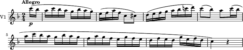 
\new Staff \with { instrumentName = #"V1 "}  \relative c''' {
    \version "2.18.2"
    \key f \major 
    \tempo "Allegro"
    \tempo 4 = 110
    \time 2/4
   \partial 8 c16\p (bes a c bes a g bes a g)
   e (f a f c8 cis)
   d16 (e f g a bes c! d)
   c8 (bes) a c16 (bes a c bes a g bes a g f a g f e g f e d f e d g e f d c4) r
}
