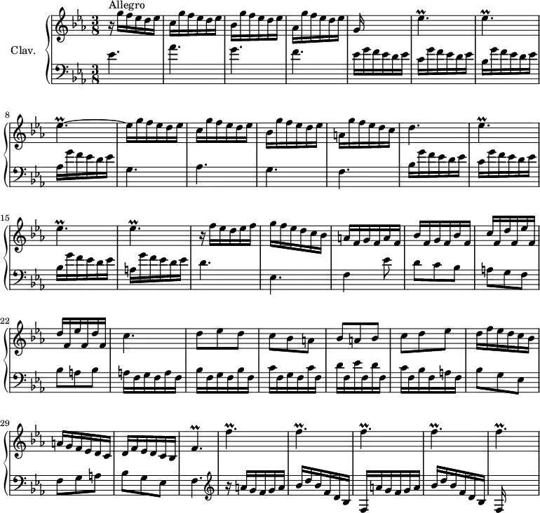 
\version "2.18.2"
\header {
  tagline = ##f
  % composer = "Domenico Scarlatti"
  % opus = "K. 307"
  % meter = "Allegro"
}
%% les petites notes
trillEesp     = { \tag #'print { ees4.\prall } \tag #'midi { f32 ees f ees~ ees4 } }
trillEespL    = { \tag #'print { ees4.\prall~ } \tag #'midi { f32 ees f ees~ ees4~ } }
trillEespUp   = { \tag #'print { ees'4.\prall } \tag #'midi { f32 ees f ees~ ees4 } }
trillFpUp     = { \tag #'print { f'4.\prall } \tag #'midi { g32 f g f~ f4 } }
upper = \relative c'' {
  \clef treble 
  \key ees \major
  \time 3/8
  \tempo 4. = 72
  \set Staff.midiInstrument = #"harpsichord"
  \override TupletBracket.bracket-visibility = ##f
      s8*0^\markup{Allegro}
      r16 g'16 f ees d ees | c16 g' f ees d ees | bes g' f ees d ees | aes, g' f ees d ees | g,16 s16 s4 |
      % ms. 6
      \trillEespUp  \trillEesp  \trillEespL | ees16 g16 f ees d ees | c16 g' f ees d ees | bes g' f ees d ees |
      % ms. 12
       a, g' f ees d c | d4. | \repeat unfold 3 { \trillEesp } | r16 f16 ees d ees f |
      % ms. 18
      g16 f ees d c bes | a16 f g f a f | bes f g f bes f | c' f, \repeat unfold 2 { d' f, ees' f, } d' f, | c'4. |
      % ms. 24
      d8 ees d | c bes a | bes a bes | c d ees | d16 f ees d c bes | a g f ees d c | 
      % ms. 30
      d f ees d c bes | \trillFpUp | \repeat unfold 5 { \trillFpUp }
}
lower = \relative c' {
  \clef bass
  \key ees \major
  \time 3/8
  \set Staff.midiInstrument = #"harpsichord"
  \override TupletBracket.bracket-visibility = ##f
    % ************************************** \appoggiatura a16  \repeat unfold 2 {  } \times 2/3 { }   \omit TupletNumber 
      ees4. | aes | g | f | ees16 g f ees d ees |
      % ms. 6
      c16 g' f ees d ees | bes g' f ees d ees | aes, g' f ees d ees | g,4. | aes | g |
      % ms. 12
      f4. | bes16 g' f ees d ees | c g' f ees d ees | bes g' f ees d ees | a, g' f ees d ees | d4. |
      % ms. 18
      ees,4. | f4 ees'8 | d c bes | a g f | bes a bes | a16 f g f a f | 
      % ms. 24
      bes16 f g f bes f | c' f, g f c' f, | d' f, ees' f, d' f, | c' f, bes f a f | bes8 g ees | f g a |
      % ms. 30
      bes8 g ees | f4. |   \clef treble  r16 \repeat unfold 2 { a'16 g f g a | bes d bes f d bes f } |
}
thePianoStaff = \new PianoStaff <<
    \set PianoStaff.instrumentName = #"Clav."
    \new Staff = "upper" \upper
    \new Staff = "lower" \lower
  >>
\score {
  \keepWithTag #'print \thePianoStaff
  \layout {
      #(layout-set-staff-size 17)
    \context {
      \Score
     \override SpacingSpanner.common-shortest-duration = #(ly:make-moment 1/2)
      \remove "Metronome_mark_engraver"
    }
  }
}
\score {
  \keepWithTag #'midi \thePianoStaff
  \midi { }
}
