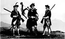 planche noir et blanc représentant 3 soldats écossais du XVIIIe siècle