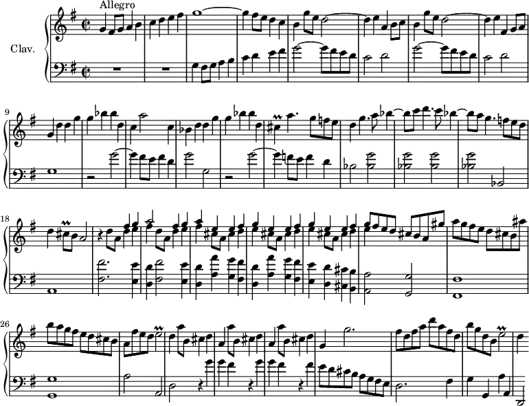 
\version "2.18.2"
\header {
  tagline = ##f
}
%% les petites notes
trillCis         = { \tag #'print { cis4\prall } \tag #'midi { d32 cis d cis~ cis8 } }
trillCisq        = { \tag #'print { cis8\prall } \tag #'midi { d32 cis d cis } }
trillE           = { \tag #'print { e2\prall } \tag #'midi { fis32 e fis e~ e8~ e4 } }
upper = \relative c'' {
  \clef treble 
  \key g \major
  \time 2/2
  \tempo 2 = 88
  \set Staff.midiInstrument = #"harpsichord"
      s8*0^\markup{Allegro}
      g4 fis8 g a4 b | c d e fis | g1~ | g4 fis8 e d4 c | b g'8 e d2~ |
      % ms. 6
      d4 e a, b8 c | b4 g'8 e d2~ | d4 e fis, g8 a | g4 d' d  g | g bes bes d, |
      % ms. 11
      c4 a'2 c,4 | bes d d  g | g bes bes d, | \trillCis a'4. g8 f e | d4 g4. a8 bes4~ |
      % ms. 16
      bes8 c d4. c8 bes4~ | bes8 a g4. f8 e d | d4 \trillCisq b8 a2 | r4 << { s4 fis'4 g | a2 fis4 g  | a e e fis } \\ { d8 a d4 e | fis d8 a d4 e | fis cis8 a cis4 d } >>
      % ms. 22
      \repeat unfold 2 { << { g4 e e fis } \\ { e4 cis8 a cis4 d } >> } << { g8 fis e d cis b a gis' } \\ { e4 } >> | a8 g fis e d cis b ais' |
      % ms. 26
      b8 a g fis e d cis b | a fis' e d \trillE | d4 a'8 b, cis4 d | \repeat unfold 2 { a4 a'8 b, cis4 d } |
      % ms. 31
      g,4 g'2. | fis8 d fis a d a fis d | b' g d b \trillE | d4 s4
}
lower = \relative c' {
  \clef bass
  \key g \major
  \time 2/2
  \set Staff.midiInstrument = #"harpsichord"
    % **************************************
      R1*2 | g4 fis8 g a4 b | c d e fis | \repeat unfold 2 { g2~ g8 fis e d |
      % ms. 9
      c2 d } | g,1 | r2 g'2~ g4 fis8 e fis4 d | g2 g, | r2 g'2~ | g4 f8 e f4 d | bes2 < bes g' >2 |
      % ms. 16
      q2 q | q bes,2 | a1 | < fis' fis' >2. < e e' >4 | < d d' >4 < fis fis' >2 < e e' >4 | 
      % ms. 21
      \repeat unfold 2 { < d d' >4 < a' a' > < g g' > < fis fis' > } | < e e' > < d d' > < cis cis' > < b b' > | < a a' >2 < g g' >2 | < fis fis' >1 |
      % ms. 26
      < g g' >1 | a'2 a, | d2 \repeat unfold 2 { r4 g'4 | g fis } r4 fis4 |
      % ms. 31
      e8 d cis b a g fis e | d2. fis4 | g g, a' a, | d,2*1/2
}
thePianoStaff = \new PianoStaff <<
    \set PianoStaff.instrumentName = #"Clav."
    \new Staff = "upper" \upper
    \new Staff = "lower" \lower
  >>
\score {
  \keepWithTag #'print \thePianoStaff
  \layout {
      #(layout-set-staff-size 17)
    \context {
      \Score
     \override SpacingSpanner.common-shortest-duration = #(ly:make-moment 1/2)
      \remove "Metronome_mark_engraver"
    }
  }
}
\score {
  \keepWithTag #'midi \thePianoStaff
  \midi { }
}
