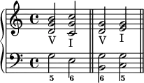 
\version "2.18.2"
\header {
  tagline = ##f
}
upper = \relative c'' {
    \clef treble
    \key c \major
    \time 4/4
    \tempo 4 = 80
     %%
     < b g d >2-V < c g c, >-I
     < g d >2-V < g e >-I
}
lower = \relative c' {
    \clef bass
    \key c \major
    \time 4/4
     g2_5 e_6 \bar "||"
     < g b, >2_6 < g c, >_5 \bar "||"
}
\score {
  \new PianoStaff <<
    \set PianoStaff.instrumentName = #""
    \new Staff = "upper" \upper
    \new Staff = "lower" \lower
  >>
  \layout {
     \context { \Score \remove "Metronome_mark_engraver"
    }
  }
  \midi { }
}
