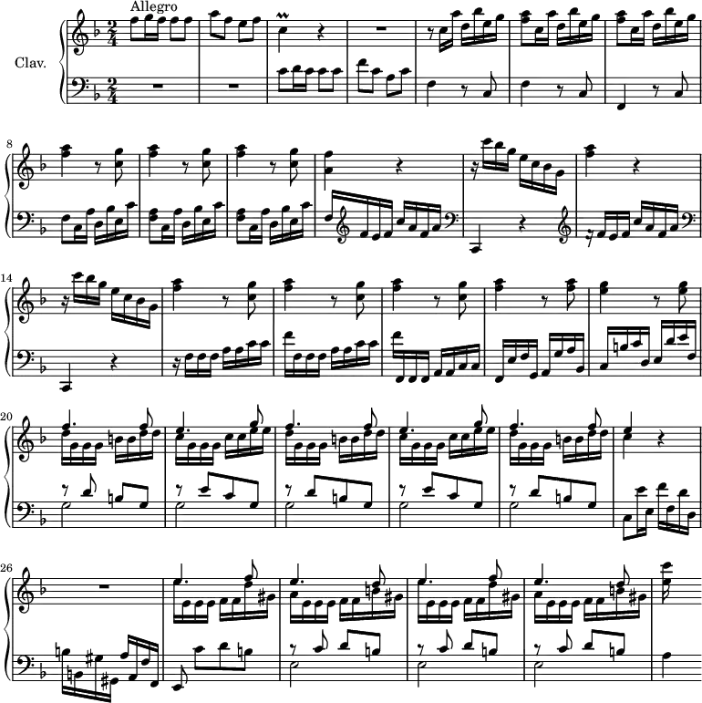 
\version "2.18.2"
\header {
  tagline = ##f
}
%% les petites notes
trillC     = { \tag #'print { c4\prall } \tag #'midi { d32 c d c~ c8 } }
upper = \relative c'' {
  \clef treble 
  \key f \major
  \time 2/4
  \tempo 4 = 98
  \set Staff.midiInstrument = #"harpsichord"
    f8^\markup{Allegro} g16 f f8 f | a f e f | \trillC r4 | R2 | r8 c16 a' d, bes' e, g | 
    % ms. 6
    \repeat unfold 2 { < f a >8 c16 a' d, bes' e, g } | \repeat unfold 3 { < f a >4 r8 < c g' > } | 
    % ms. 11
    < a f' >4 r4 | r16 c' bes g e c bes g | < f' a >4 r4 | r16 c' bes g e c bes g | \repeat unfold 3 { < f' a >4 r8 < c g' > } | < f a >4 r8 < f a >8 | < e g >4 r8 < e g >8 | << { f4. f8 } \\ { d16 g, g g  b b d d } >> | 
    % ms. 21
    \repeat unfold 2 { << { e4. g8 | f4. f8 } \\ { c16 g g g  c c e e | d16 g, g g  b b d d } >> } | << { e4 } \\ { c4 } >>  r4 | 
    % ms. 26
    R2 | \repeat unfold 2 { << { \mergeDifferentlyDottedOn e4. f8 | e4. d8 } \\ { e16 e, e e  f f d' gis, | a16 e e e  f f b gis } >> }
    % ms. 31
    < e' c' >16
}
lower = \relative c' {
  \clef bass
  \key f \major
  \time 2/4
  \set Staff.midiInstrument = #"harpsichord"
    % **************************************
     R2*2 | c8 d16 c c8 c | f c a c | f,4 r8 c8 | 
     % ms. 6
     f4 r8 c8 | f,4 r8 c'8 | f8 c16 a' d, bes' e, c' | \repeat unfold 2 { < f, a >8 c16 a' d, bes' e, c' } | 
     % ms. 11
      f,16 \clef treble f' e f c' a f a | \clef bass c,,,4 r4 \clef treble | f''16\rest f16 e f c' a f a |   \clef bass c,,,4 r4 | r16 f'16 f f a a c c |
     % ms. 16 
     f16 f, f f a a c c | \stemDown f \stemUp f,, f f a a c c | f, e' f g, a g' a bes, | c b' c d, e d' e f, | << { r8 d'8 b g } \\ { g2 } >> | 
     % ms. 21
     \repeat unfold 2 { << { r8 e'8[ c g] | r8 d'8[ b g] } \\ { g2 | g } >> } | \stemNeutral  \tempo 4 = 60 c,8  \tempo 4 = 98 e'16 e, f' f, d' d, | 
     % ms. 26
     b'16 b, gis' gis, a' a, f' f, | e8 c''[ d b] | \repeat unfold 3 { << { r8 c8 d b } \\ { e,2 } >> } |
     % ms. 31
     a4
}
thePianoStaff = \new PianoStaff <<
    \set PianoStaff.instrumentName = #"Clav."
    \new Staff = "upper" \upper
    \new Staff = "lower" \lower
  >>
\score {
  \keepWithTag #'print \thePianoStaff
  \layout {
      #(layout-set-staff-size 17)
    \context {
      \Score
     \override SpacingSpanner.common-shortest-duration = #(ly:make-moment 1/2)
      \remove "Metronome_mark_engraver"
    }
  }
}
\score {
  \keepWithTag #'midi \thePianoStaff
  \midi { }
}
