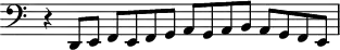 
\header {
  tagline = ##f
}
\score {
  \new Staff \with {
     \remove "Time_signature_engraver"
  }
<<
  \relative c {
    \key c \major
    \clef bass
    \time 2/1
    \override TupletBracket #'bracket-visibility = ##f 
     %%% f° 58v-59
     r4 d,8[ e] f[ e f g] a[ g a b] a g f e
  }
>>
  \layout {
     \context { \Score \remove "Metronome_mark_engraver" }
  }
  \midi {}
}
