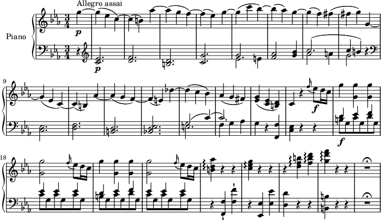 
\version "2.18.2"
\header {
  tagline = ##f
}
upper = \relative c' {
  \clef treble 
  \key ees \major
  \time 3/4
  \tempo "Allegro assai"
  \tempo 4 = 200
  %\autoBeamOff
  % Incipit Mozart, sonate K.457
     \partial 4 g''4 \p ^ \markup {Allegro assai } ~ g (ees c) 
       ~ c (b) aes' ~ 
       aes (g f) ~ f (ees) g ~
       g (c bes) ~ bes (aes) g ~
       g (f)  fis (fis g)
       g, ~ g (ees c) ~
       c (b) aes' ~ aes (g f)
       ~ f (e) des' ~ des (c bes)
       aes (g fis)
       <ees g> (<c ees> <b d>)
       c4 r \grace f'16 (ees8)\f d16 c
       g'4 <g, g'> <g g'> <g g'>2 \grace f'16 (ees8) d16 c
       g'4 <g, g'> <g g'> <g g'>2 \grace f'16 (ees8) d16 c
      <b d aes'>4 \arpeggio r r
      <c ees g>\arpeggio r r
      r <d f b>\arpeggio <f b d>\arpeggio
      <g d' f>\arpeggio r r R2.^\fermata
}
lower = \relative c' {
  \clef bass
  \key ees \major
  \time 3/4
     \partial 4 r4
     \clef treble <c ees>2.  \p <d f>
     <b d> <c g'> << { \stemDown ees2  e4} \\ {  \stemUp g2. } >>
     <f aes>2 <g bes>4
     << { \stemDown aes2  a4 g2} \\ {  \stemUp c2.  ^ (c4 b) } >> r4 \clef bass
     <c,, ees>2. <d f> <b d> <bes! d es>
    << { \stemDown e!2.  f4 g aes} \\ {  \stemUp g2 ^(c4)  ^ (c2.) } >>
    g4 r <f, f'>
       <c' es> r r
  << { \stemDown b'8\f g  c g d' g, c g c g c g b g c g d' g, c g c g c g } \\ {  \stemUp d'4 ees f  ees ees ees  d ees f ees ees ees } >>
  r4 <f,, f'>-! <f' f'>-!
  r <ees, ees'> <ees' ees'>
  <d d'> r r <b b'> r r
  R2.^\fermata
} 
\score {
  \new PianoStaff <<
    \set PianoStaff.instrumentName = #"Piano"
    \new Staff = "upper" \upper
    \new Staff = "lower" \lower
  >>
  \layout {
    \context {
      \Score
      \remove "Metronome_mark_engraver"
    }
  }
  \midi { }
}
