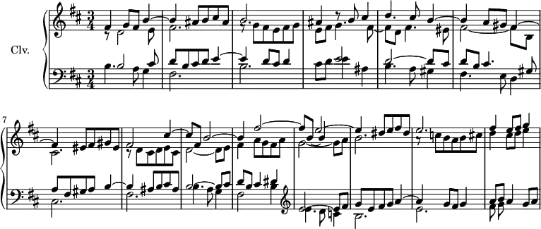 
\version "2.18.2"
\header {
  tagline = ##f
}
upper = \relative c' {
  \clef treble 
  \key b \minor
  \time 3/4
  \tempo 4 = 86
    %s8*0^\markup{Andante}
    << { s2.*10 s4 e'2~ e4 } \\ { \stemUp fis,4 g8 fis b4^~ | b ais8 b cis ais | b2. | ais4 d8\rest b8 cis4 | d4. cis8 b4^~ | b a8 gis fis4^~ | fis eis8 fis gis eis | fis2 cis'4^~ | cis8 fis, b2^~ | b4 fis'2^~ | fis8 b,8_~ \shiftOn b4 s4 | s4 dis8 e fis dis | e2. | fis4 e8 fis g4 | } \\ { \stemDown c,,8\rest d2 e8 | fis2. | f8\rest g8 fis e fis g | e fis g4. fis8_~ | fis d fis4. eis8 | fis2_~ fis8 b, | cis2. | c8\rest d8 cis d e cis | d2_~ d8 e | fis4 a8 g fis a | g2_~ g8 a | b2. | a8\rest c8 b a b cis | d4 cis8 d e4 | } >>
}
lower = \relative c {
  \clef bass
  \key b \minor
  \time  3/4
  << { s8 b'2 cis8 | d8 b cis d  e4~ | e d8 cis d4 | s4 e2 | d~ d8 cis | d b cis4. gis8 | a fis gis a b4~ | b ais8 b cis ais | b2~ b8 cis | d b cis4 dis \clef treble  e2~ e8 fis | g8 e fis g a4~ | a g8 fis g4 a8 b a4 g8 a | } \\ { b,4. a8 g4 | fis2. | b | cis8 d e4 ais,4 | b4. a8 gis4 | fis4. e8 d4 | cis2. | fis | b4. a8 g4 | fis2 b4 \clef treble e4. d8 c4 | b2. | e | fis8 g  } >>
} 
\score {
  \new PianoStaff <<
    \set PianoStaff.instrumentName = #"Clv."
    \new Staff = "upper" \upper
    \new Staff = "lower" \lower
  >>
  \layout {
      #(layout-set-staff-size 17)
    \context {
      \Score
     \override SpacingSpanner.common-shortest-duration = #(ly:make-moment 1/2)
      \omit TupletNumber
      \remove "Metronome_mark_engraver"
    }
  }
  \midi { \set Staff.midiInstrument = #"harpsichord" }
}
