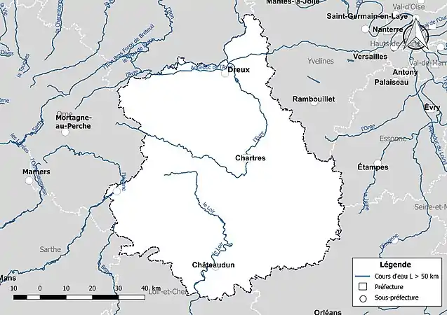 Carte des cours d'eau de longueur supérieure à 50 km d'Eure-et-Loir.