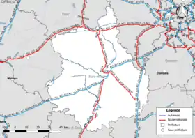 Carte du réseau routier des autoroutes et routes nationales dans le département d'Eure-et-Loir au 1er janvier 2019.