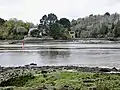 La digue de l'étang du Plessis (rive droite de la Rivière d'Auray, en Crach) vue depuis le sentier littoral de la rive gauche (en Pluneret) au nord de la Pointe de Kerisper.