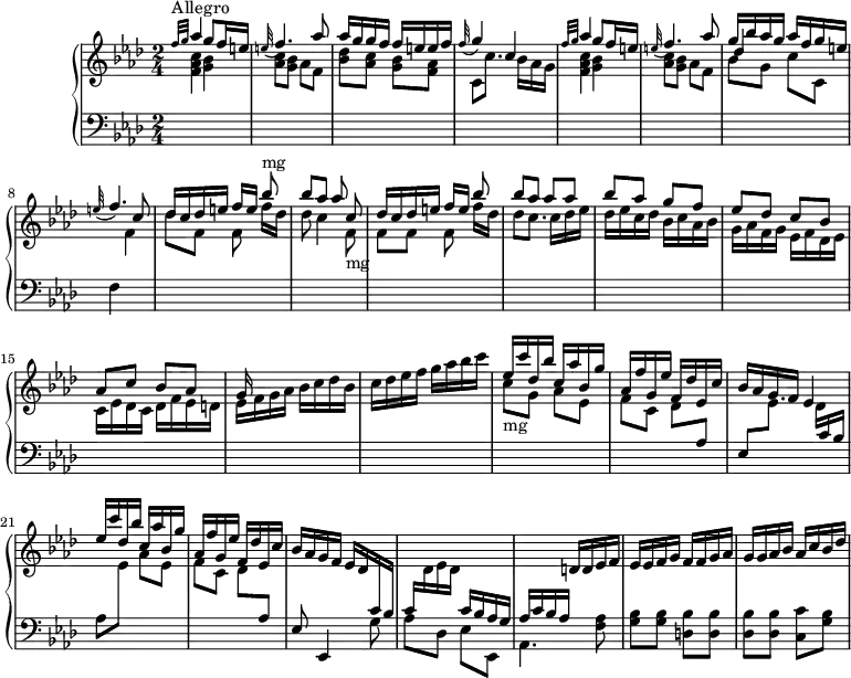 
\version "2.18.2"
\header {
  tagline = ##f
  % composer = "Domenico Scarlatti"
  % opus = "K. 19"
  % meter = "Allegro"
}
%% les petites notes
%trillBesp     = { \tag #'print { bes4.\prall } \tag #'midi { c32 bes c bes~ bes4 } }
upper = \relative c'' {
  \clef treble 
  \key f \minor
  \time 2/4
  \tempo 4 = 92
  \set Staff.midiInstrument = #"harpsichord"
  \override TupletBracket.bracket-visibility = ##f
      s8*0^\markup{Allegro}
      \grace {   \tempo 4 = 35 f32 g }   \tempo 4 = 92 \stemUp aes4 g8 f16 e | \appoggiatura e32 f4. aes8 | aes16 g g f f e e f |
      % ms. 4
      \appoggiatura f32 g4 c,4 | \grace {   \tempo 4 = 35 f32 g }   \tempo 4 = 92 \stemUp aes4 g8 f16 e | \appoggiatura e32 f4. aes8 | g16 bes aes g aes f g e |
      % ms. 8
      \appoggiatura e32 f4. c8 | des16 c des e f e  \stemDown f[ des] | des8 c4 \stemUp c8 | des16 c des e f[ e] \stemDown  f des |
      % ms. 12
      des8 c8. c16 des ees | des ees c des bes c aes bes | g aes f g ees f des ees | c16 ees des c des f ees d |
      % ms. 16
      ees16 f g aes bes c des bes | c des ees f g aes bes c | \stemUp ees, c' des, bes' c, aes' bes, g' | aes, f' g, ees' f, des' ees, c' |
      % ms. 20
      bes16 aes g f ees4 | \stemUp ees'16 c' des, bes' c, aes' bes, g' | aes, f' g, ees' f, des' ees, c' | bes16 aes g f  ees des \stemUp \change Staff = "lower" c bes |
      % ms. 24
      c16 \stemDown \change Staff = "upper" des ees des \stemUp \change Staff = "lower" c bes aes g | aes c bes aes \change Staff = "upper" d16 d ees f | ees ees f g f f g aes | g g aes bes aes c bes des |
}
lower = \relative c' {
  \clef bass
  \key f \minor
  \time 2/4
  \set Staff.midiInstrument = #"harpsichord"
  \override TupletBracket.bracket-visibility = ##f
    % ************************************** \appoggiatura a8  \repeat unfold 2 {  } \times 2/3 { }   \omit TupletNumber 
      \grace s16 \stemDown \change Staff = "upper" < f aes c >4 < g bes > | < aes c >8 < g bes > aes f | < bes des > < aes c > < g bes > < f aes >
      % ms. 4
      c8 c'8. bes16 aes g | < f aes c >4 < g bes > | < aes c >8 < g bes > aes f << { \shiftOn des'4 } \\ { bes8 g c c, } >> | \change Staff = "lower" 
      % ms. 8
      f,4 \stemDown \change Staff = "upper" f'4 des'8 f, \autoBeamOff f \stemUp bes'8^\markup{mg} | \autoBeamOn bes aes \autoBeamOff aes \stemDown f,-\markup{mg} | \autoBeamOn f f \autoBeamOff f \stemUp bes'8 \autoBeamOn |
      % ms. 12
      bes8 aes aes aes | bes aes g f | ees des c bes | aes c bes aes |
      % ms. 16
      g16 s16 s8 s4 | s2 | \stemDown c8-\markup{mg} g aes ees f c des \stemUp \change Staff = "lower"  aes |
      % ms. 20
      ees8  \stemDown \change Staff = "upper" ees'8. des16 \stemUp \change Staff = "lower"  c bes | \stemDown aes8  \change Staff = "upper" ees' aes ees | f c des  \stemUp \change Staff = "lower"  aes | ees8 ees,4 \stemDown g'8 |
      % ms. 24
      aes8 des, ees \stemDown ees, | aes4. \stemNeutral < f' aes >8 | < g bes > q < d bes' > q | < des bes' > q < c c' > < g' bes > |
}
thePianoStaff = \new PianoStaff <<
    \set PianoStaff.instrumentName = #"Clav."
    \new Staff = "upper" \upper
    \new Staff = "lower" \lower
  >>
\score {
  \keepWithTag #'print \thePianoStaff
  \layout {
      #(layout-set-staff-size 17)
    \context {
      \Score
     \override SpacingSpanner.common-shortest-duration = #(ly:make-moment 1/2)
      \remove "Metronome_mark_engraver"
    }
  }
}
\score {
  \keepWithTag #'midi \thePianoStaff
  \midi { }
}
