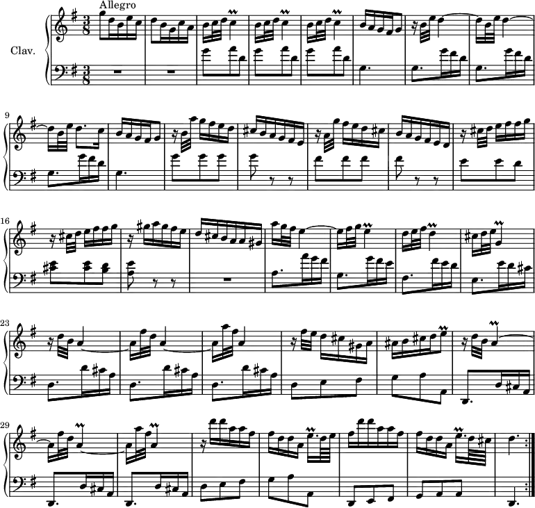 
\version "2.18.2"
\header {
  tagline = ##f
  % composer = "Domenico Scarlatti"
  % opus = "K. 171"
  % meter = "Allegro"
}
%% les petites notes
trillC       = { \tag #'print { c4\prall } \tag #'midi { d32 c d c~ c8 } }
trillE       = { \tag #'print { e4\prall } \tag #'midi { fis32 e fis e~ e8 } }
trillD       = { \tag #'print { d4\prall } \tag #'midi { e32 d e d~ d8 } }
trillGDown   = { \tag #'print { g,4\prall } \tag #'midi { a32 g a g~ g8 } }
trillEqqpUp  = { \tag #'print { e'16.\prall } \tag #'midi { \times 2/3 { e32 fis e~ } e32 } }
trillEq      = { \tag #'print { e8\prall } \tag #'midi { fis32 e fis   \tempo 4. = 20 e   \tempo 4. = 66 } }
trillA       = { \tag #'print { a4\prall~ } \tag #'midi { b32 a b a~ a8~ } }
trillADown   = { \tag #'print { a,4\prall~ } \tag #'midi { b32 a b a~ a8~ } }
upper = \relative c'' {
  \clef treble 
  \key g \major
  \time 3/8
  \tempo 4. = 66
  \repeat volta 2 {
      s8*0^\markup{Allegro}
      g'8 d16 b e c | d8 b16 g c a | \repeat unfold 3 { b c32 d \trillC } | b16 a g fis   \tempo 4. = 36 g8   \tempo 4. = 66 |
      % ms. 7
      r16 b32 e \repeat unfold 2 { d4~ | d16 b32 e } d8.[ c16] | b a g fis   \tempo 4. = 36 g8   \tempo 4. = 66 | r16 b32 a' g16[ fis e d] | cis b a g fis e |
      % ms. 13
      r16 a32 g' fis16[ e d cis] | b a g fis e d | \repeat unfold 2 { r16 cis'32 d e16[ fis fis g] } | r16 gis16 a gis fis e | d cis b a a gis |
      % ms. 19
      a'16 g32 fis e4~ | e16 fis32 g \trillE | d16 e32 fis \trillD | cis16 d32 e \trillGDown | r16 d'32 b a4~ | a16 fis'32 d a4~ |
      % ms. 25
      a16 a'32 fis a,4 | r16 fis'32 e d16[ cis gis a] | ais b cis d \trillEq | r16 d32 b \trillA | a16 fis'32 d \trillA | a16 a'32 fis \trillADown
      % ms. 31
      r16 d'16 d a a fis | fis[ d d a] \trillEqqpUp d64 e | fis16 d'16 d a a fis | fis[ d d a] \trillEqqpUp   \tempo 4. = 36 d64 cis | d4.   \tempo 4. = 66 }%repet
      % ms. 38
      % ms. 44
}
lower = \relative c' {
  \clef bass
  \key g \major
  \time 3/8
  \repeat volta 2 {
    % ************************************** \appoggiatura a16  \repeat unfold 2 {  } \times 2/3 { }   \omit TupletNumber 
      R4.*2 | \repeat unfold 3 { g'8 a d, } | g,4.
      % ms. 7
      \repeat unfold 3 { g8. g'16 fis d } | g,4. | g'8 g g | g r8 r8 |
      % ms. 13
      fis8 fis fis |fis r8 r8 | e8 e d | < cis e >8 q < b d > | < a e' > r8 r8 | R4.
      % ms. 19
      a8. a'16 g fis | g,8. g'16 fis e | fis,8. fis'16 e d | e,8. e'16 d cis | \repeat unfold 3 { d,8. d'16 cis a } | 
      % ms. 26
      d,8 e fis | g a a, | \repeat unfold 3 { d,8. d'16 cis a } | 
      % ms. 31
      d8 e fis | g a a, | d, e fis | g a a | d,4. }%repet
      % ms. 38
      % ms. 44
}
thePianoStaff = \new PianoStaff <<
    \set PianoStaff.instrumentName = #"Clav."
    \new Staff = "upper" \upper
    \new Staff = "lower" \lower
  >>
\score {
  \keepWithTag #'print \thePianoStaff
  \layout {
      #(layout-set-staff-size 17)
    \context {
      \Score
     \override TupletBracket.bracket-visibility = ##f
     \override SpacingSpanner.common-shortest-duration = #(ly:make-moment 1/2)
      \remove "Metronome_mark_engraver"
    }
  }
}
\score {
  \unfoldRepeats 
  \keepWithTag #'midi \thePianoStaff
  \midi { \set Staff.midiInstrument = #"harpsichord" }
}
