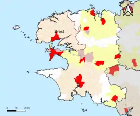 Localisation de l'aire d'attraction de Brest dans le département du Finistère.