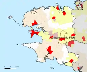 Localisation de l'aire d'attraction de Châteauneuf-du-Faou dans le département du Finistère.