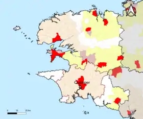 Localisation de l'aire d'attraction de Quimper dans le département du Finistère.